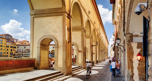 Photo of Arches of the Vasari Corridor (Corridoio Vasariano) in Florence, Tuscany, Italy. View of the Lungarno degli Archibusieri. 