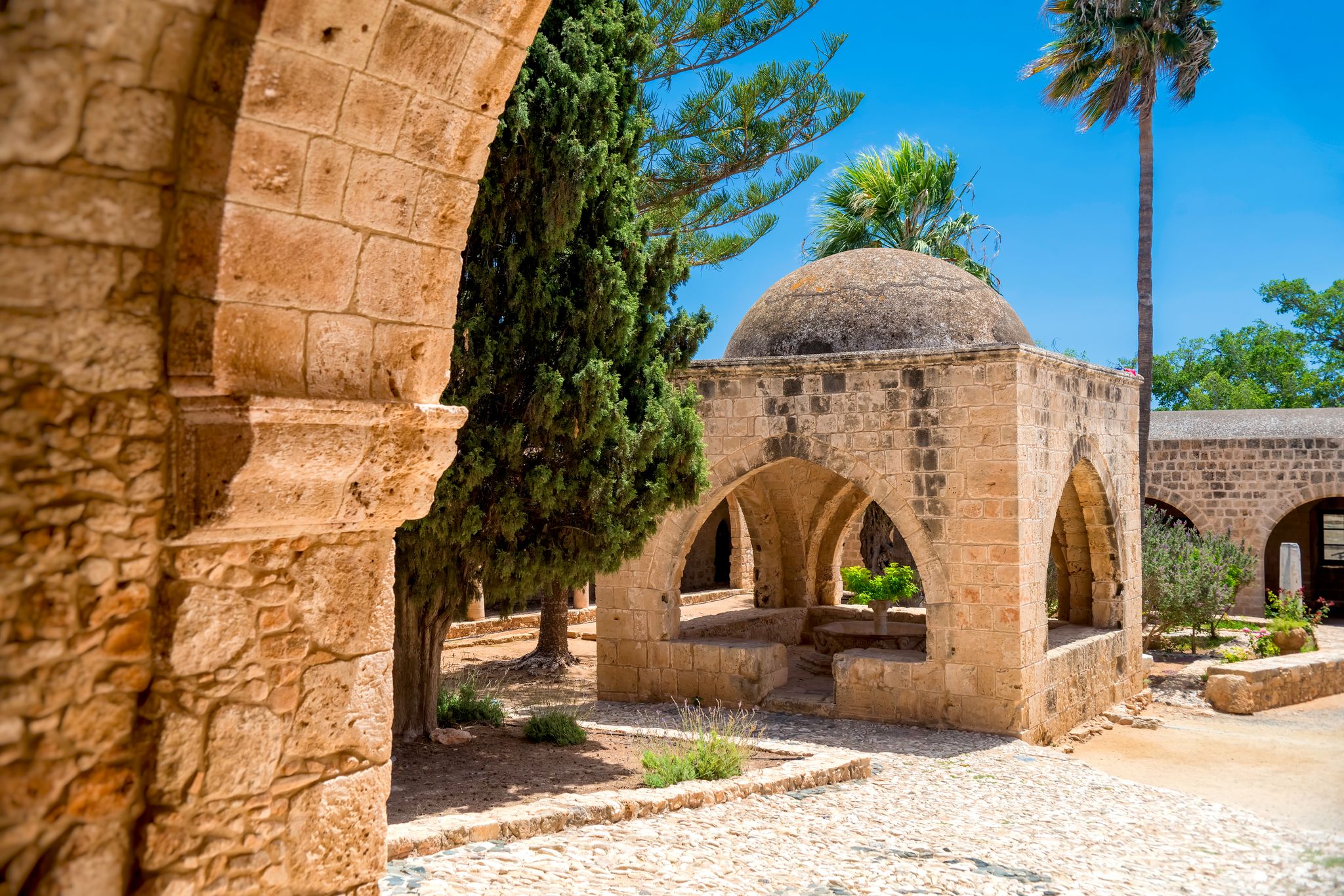 Photo of courtyard of medieval Ayia Napa Monastery. Ayia Napa, Cyprus.