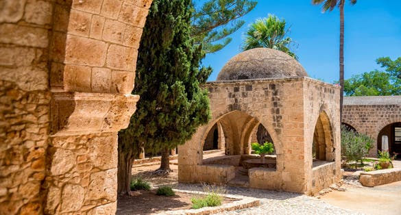 Photo of courtyard of medieval Ayia Napa Monastery. Ayia Napa, Cyprus.