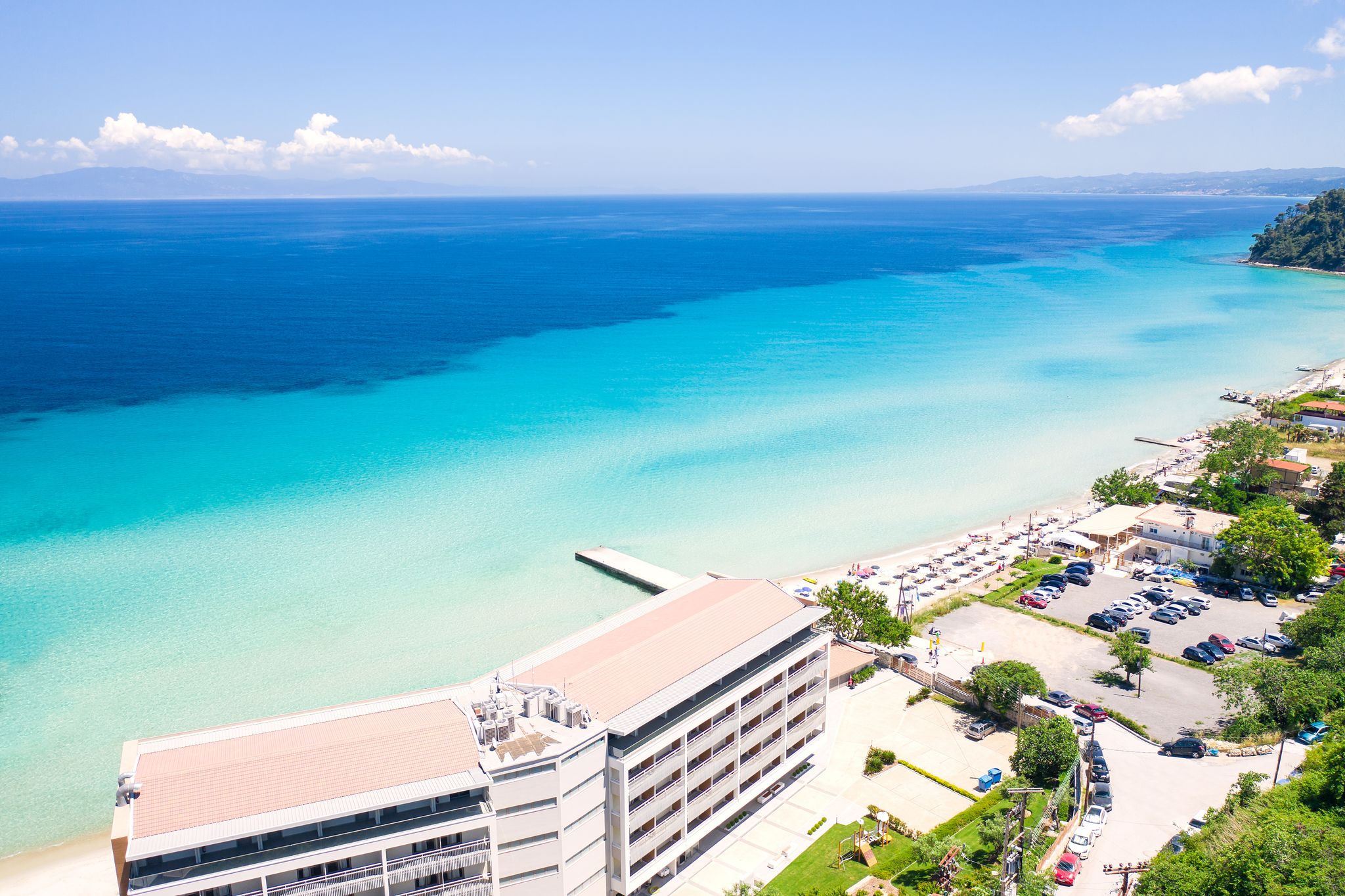 Photo of aerial view to the most popular village in Halkidiki, Kallithea. It is located in the first peninsula of Halkidiki, Kassandra, Greece.
