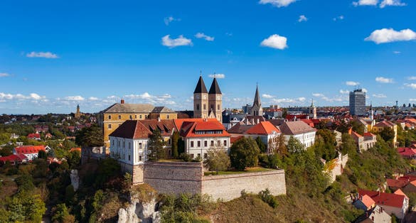 Veszprem city castle aera in aerial photo. Amazing city part with historical old houses, church and much more. The most beautiful part of this city.