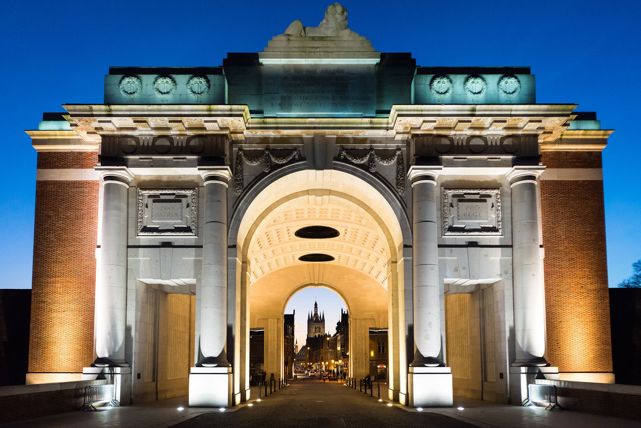 Photo of the Menin Gate Memorial to the Missing war memorial at night in Ypres, Belgium.