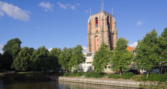 The inclined tower Oldehove, at Leeuwarden, as seen from the bridge Vrouwenpoortsbrug.