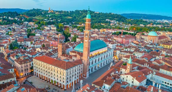 Photo of aerial view of Basilica Palladiana at the Piazza dei Signori square in the Italian town Vicenza.