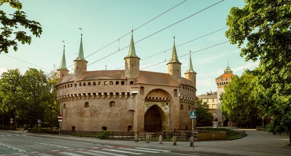 Barbican and St. Florian's Gate in Krakow city, Poland