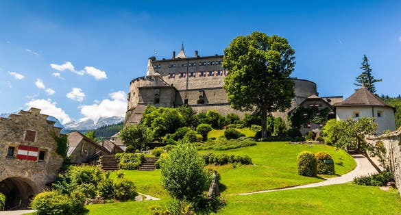 Hohenwerfen Castle or Festung Hohenwerfen aerial panoramic view. Hohenwerfen is a medieval rock castle overlooking the Austrian Werfen town in Salzach valley, Austria