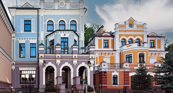Photo of Upscale town colorful Vozdvizhenka street buildings of Kyiv city in Ukraine.