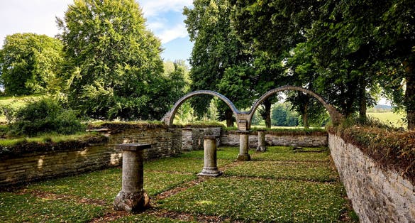 photo of old archway in the abbey ruins at at Varnhems monastery church in Sweden.