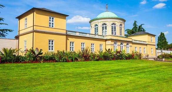 Photo of old library building in the herrenhausen district of Hanover city in Germany.