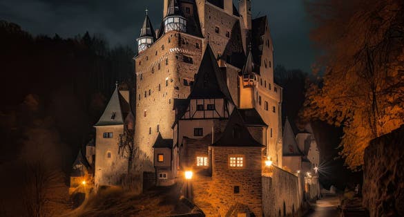 photo of view of Eltz Castle or Burg Eltz. Medieval castle on the hills above the Moselle river. Rhineland-Palatinate Germany.
