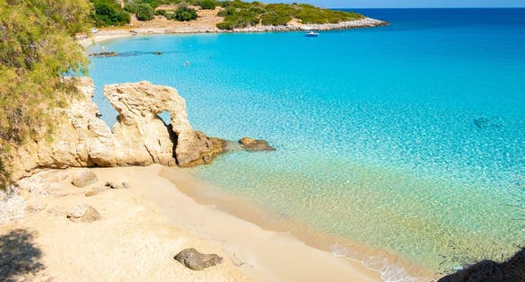 Photo of Voulisma Beach Istron Crete Greece, the most beautiful beaches of Crete island Istron Bay near Agios Nikolaos.
