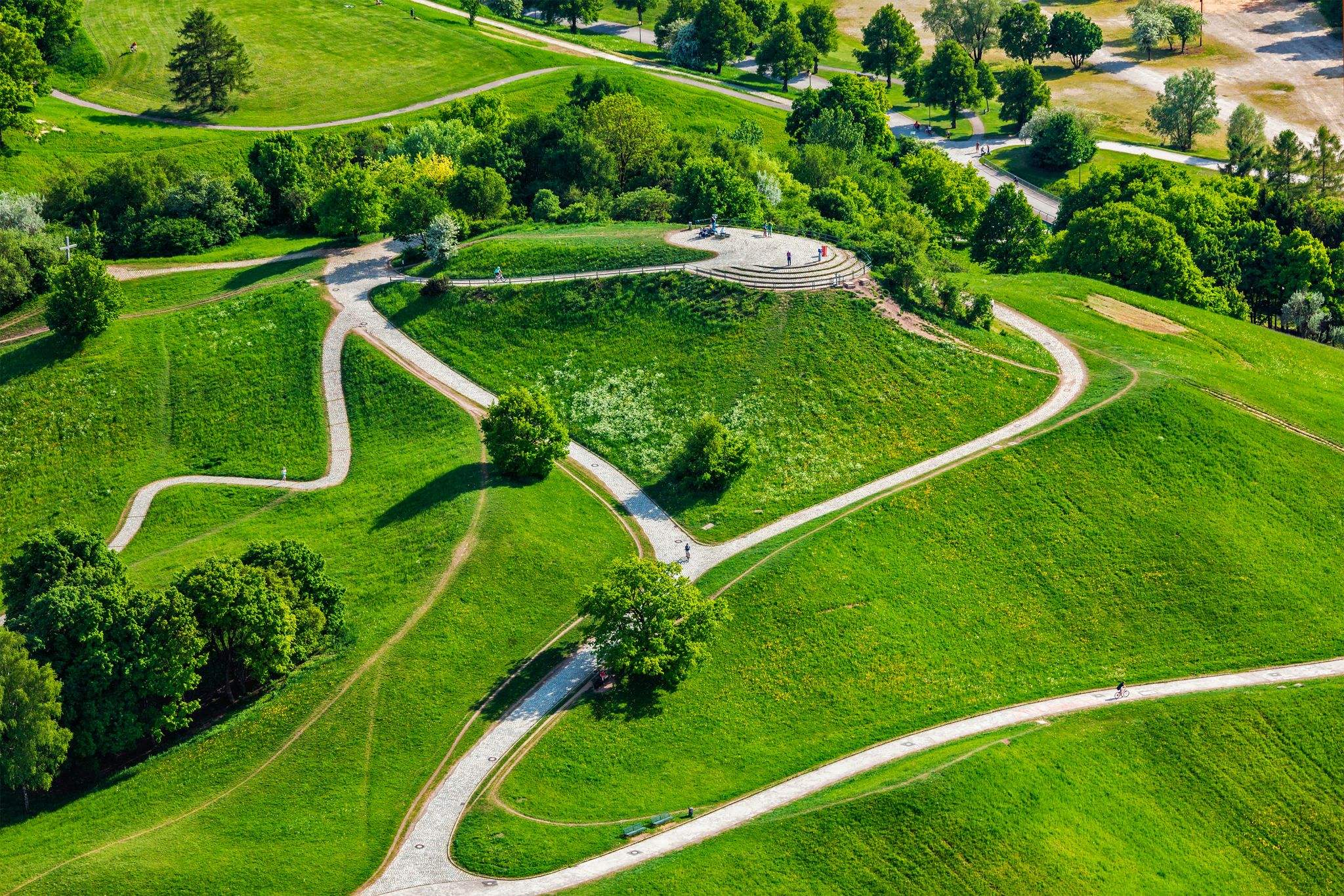 Photo of aerial view of Olympiapark from Olympiaturm (Olympic Tower). Munich, Germany.