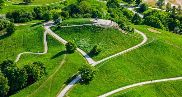 Photo of aerial view of Olympiapark from Olympiaturm (Olympic Tower). Munich, Germany.