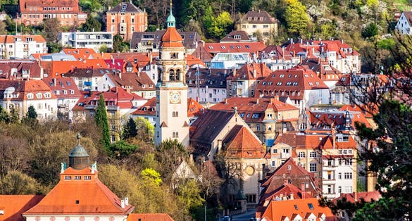 Photo of view of Stuttgart, Germany, from viewpoint Karlshoehe with Markus church in the center.
