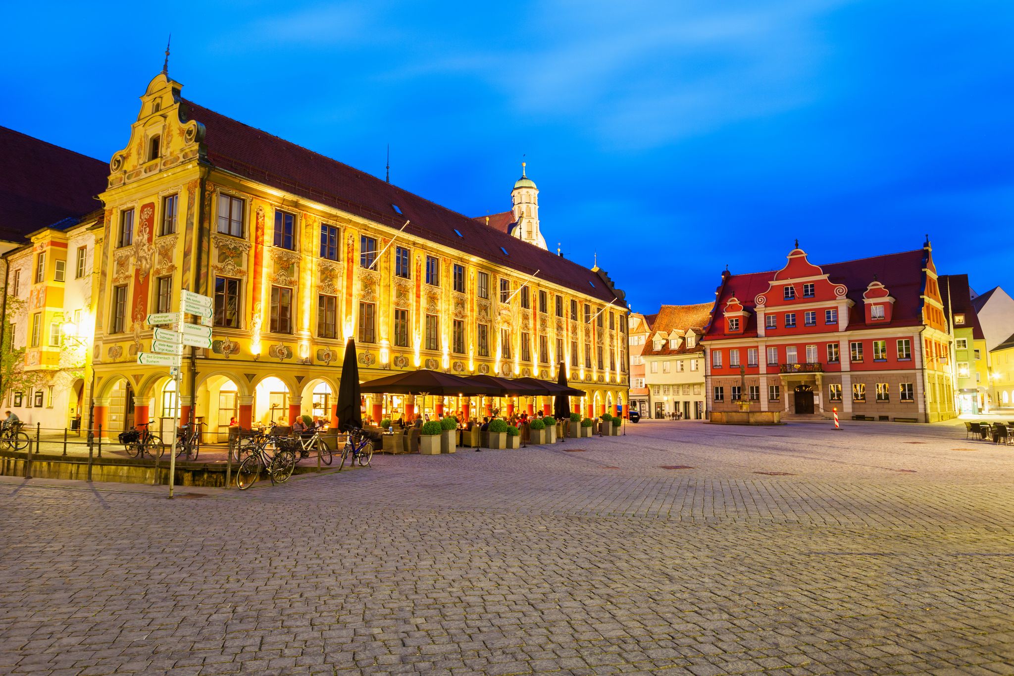 photo of Town Hall or Rathaus in Memmingen city center at night. Memmingen is a town in Swabia in Bavaria, Germany.