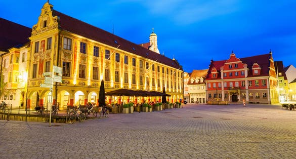 photo of Town Hall or Rathaus in Memmingen city center at night. Memmingen is a town in Swabia in Bavaria, Germany.