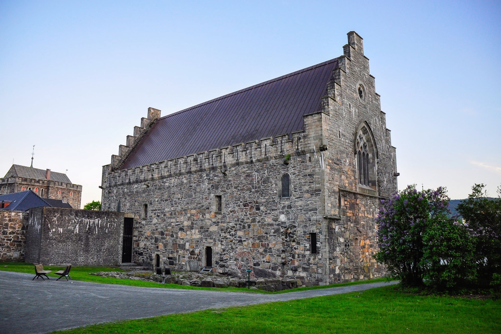 Photo of Haakon's Hall, a medieval stone hall located inside the fortress. Bergenhus fortress is a fortress located in Bergen, Norway.