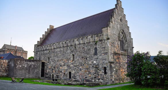 Photo of Haakon's Hall, a medieval stone hall located inside the fortress. Bergenhus fortress is a fortress located in Bergen, Norway.