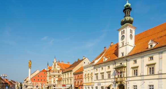View at the Main square with Town hall building and Column Plague in Maribor, Slovenia