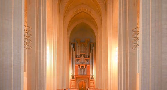 Photo of interior of famous Lutheran Grundtvig's Church in Copenhagen, Denmark.