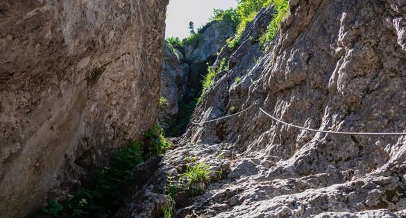 Photo of Scenic via ferrata hiking trail to mount Mangart (Mangrt), Julian Alps, Friuli Venezia Giulia, Italy, Europe.