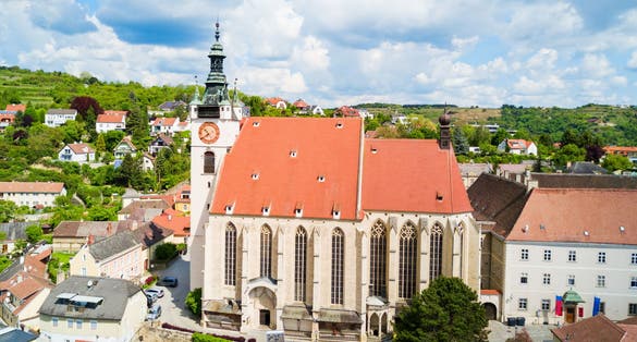 Piaristenkirche aerial panoramic view in the city of Krems an der Donau, Austria
