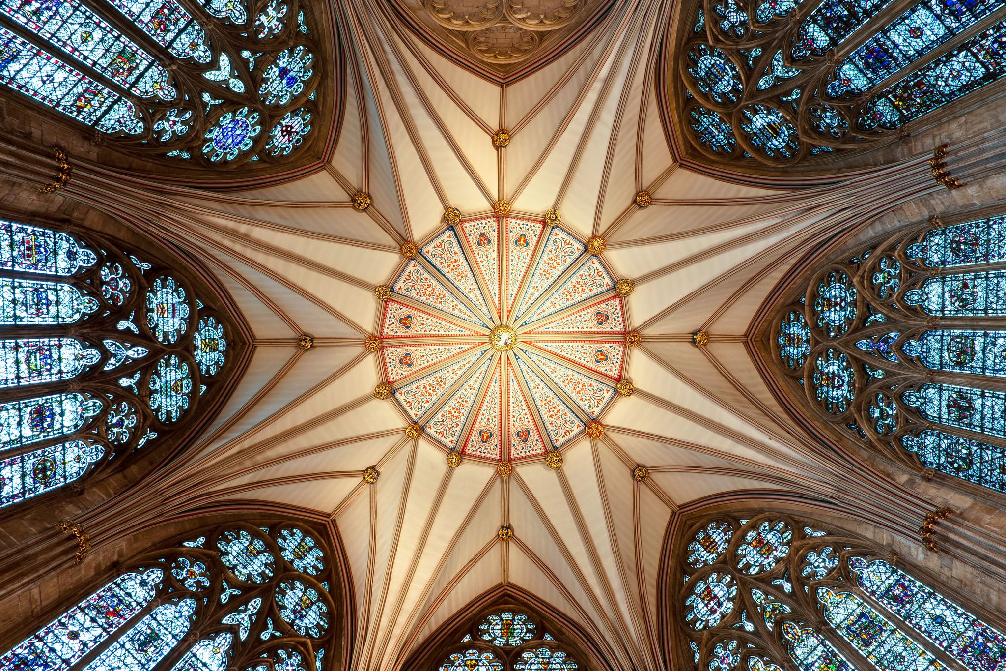 The magnificent Chapter House ceiling (completed 1186 AD) at York Minster.