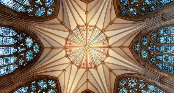 The magnificent Chapter House ceiling (completed 1186 AD) at York Minster.