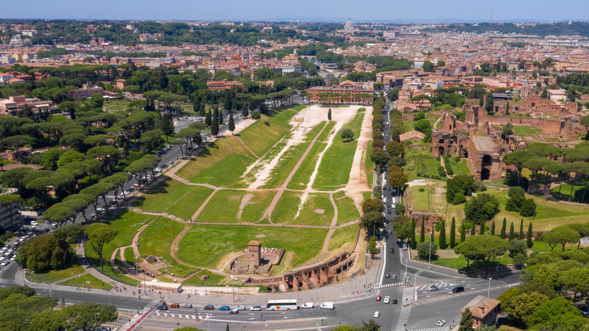 Aerial view of Circus Maximus, an ancient Roman chariot-racing stadium and mass entertainment venue in Rome, Italy