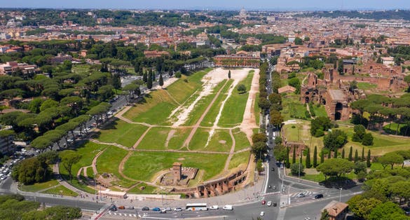 Aerial view of Circus Maximus, an ancient Roman chariot-racing stadium and mass entertainment venue in Rome, Italy