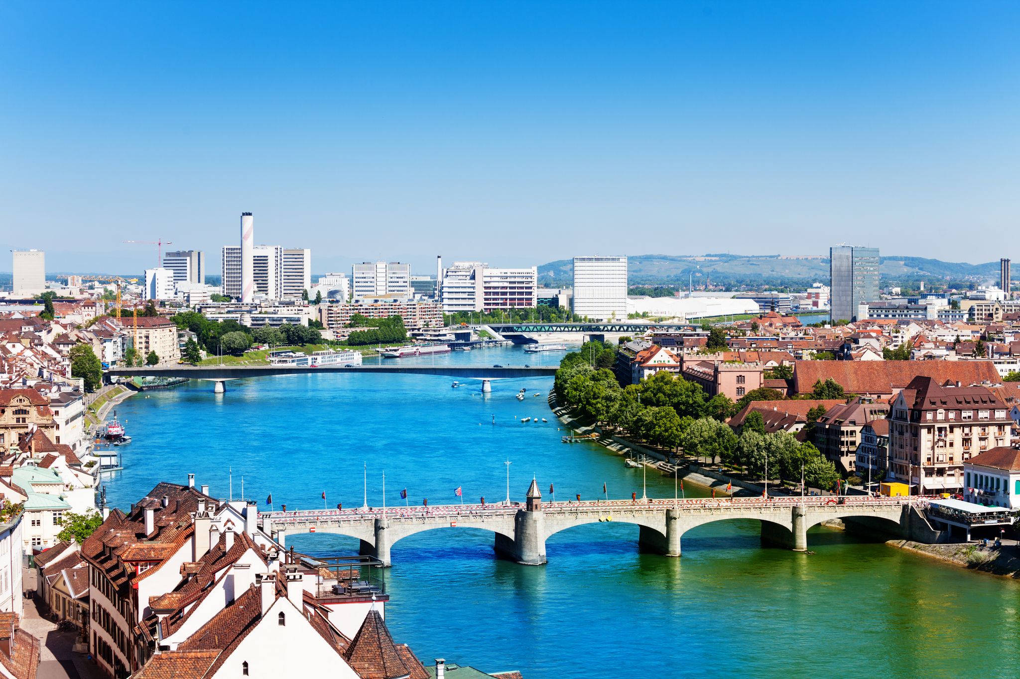 photo of aerial view of Middle bridge over Rhine River in Basel, Switzerland.