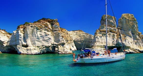 photo of view of Greek holidays - beautiful island Milos - Kleftiko bay, Greece.
