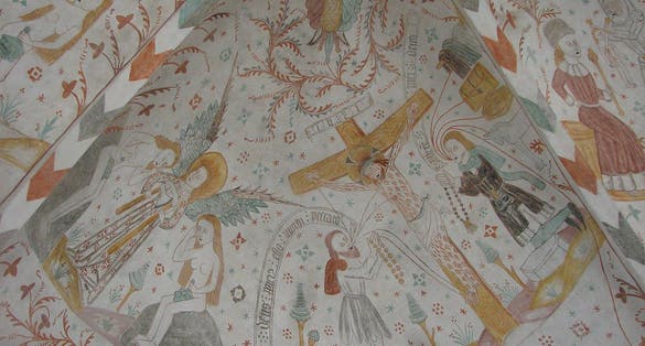 Photo of Fresco depicting Christ on the cross in Keldby Church, famous for its frescoes, is located on the main road to Møns Klint in the village of Keldby, Denmark.