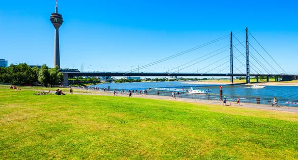 Photo of Rheinturm and Media Harbour district in Dusseldorf city in Germany.