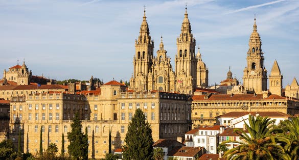photo  of view of General view of the of Cathedral of Santiago de Compostela complex. Cathedral towers and surrounding buildings. Santiago de Compostela, Galicia, Spain.