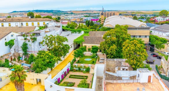 photo off view of Aerial view of Jerez de la Frontera with Compound of Tio Pepe vineyard, Spain.