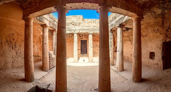 Photo of underground hall with columns under the open sky, Paphos archaeological memorial, Cyprus.