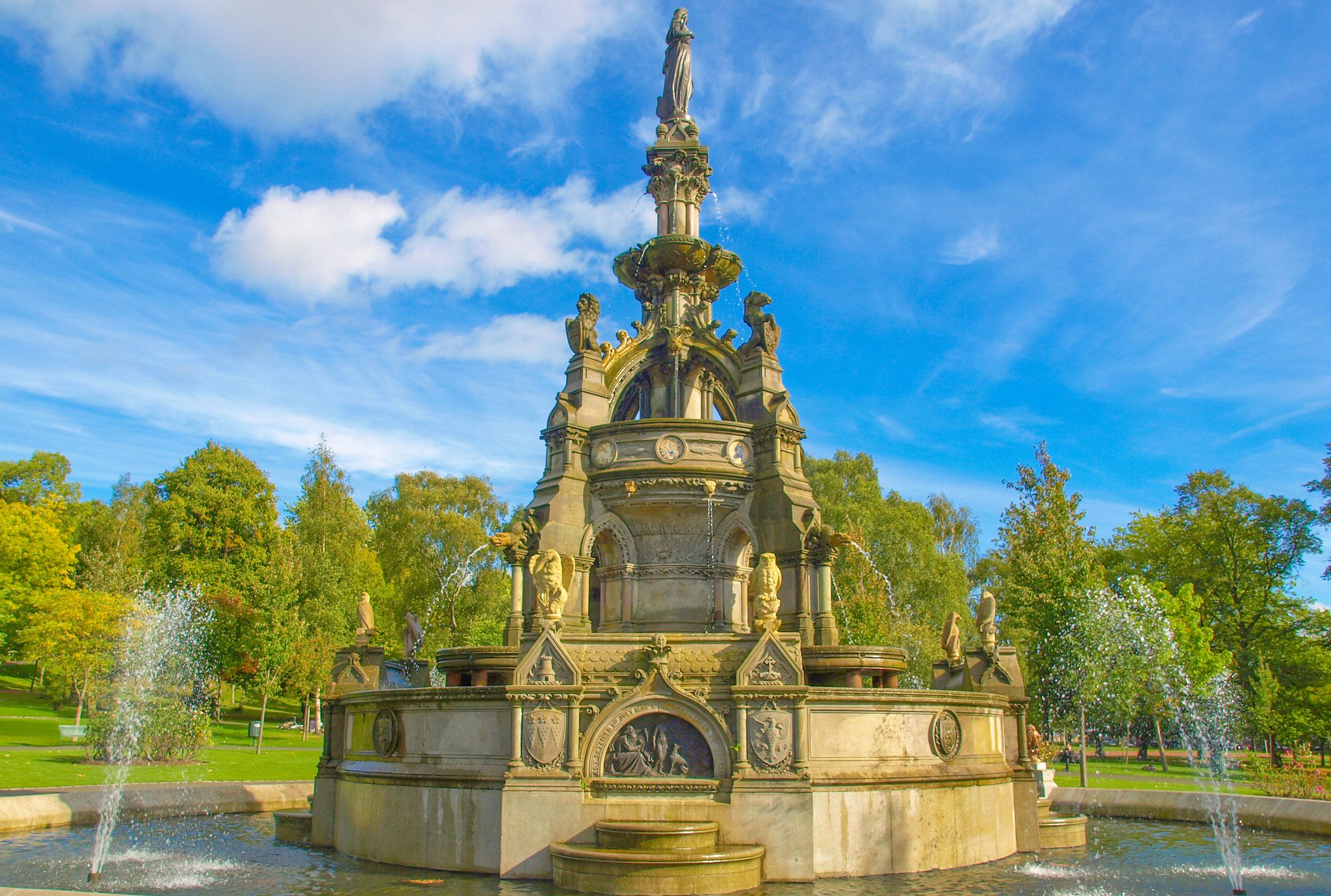 The Stewart Memorial Fountain in Kelvingrove Park in Glasgow West End, Scotland