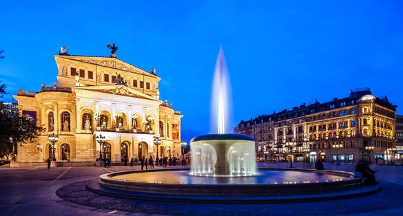 photo of view Frankfurt Alte Oper old opera with fountain at night, Frankfurt Oder, Germany.