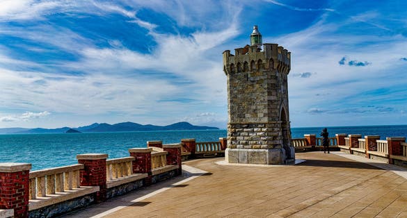 Photo of landscape from Piazza Bovio Piombino Tuscany Italy In the background the coasts of the island of Elba.