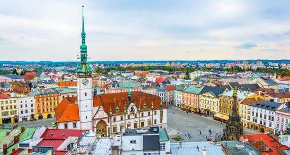 Photo of aerial view of the upper square and the town hall of the czech city Olomouc.
