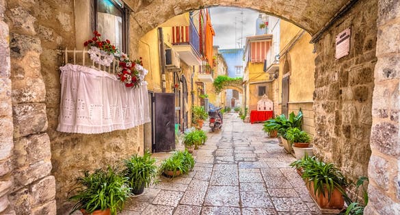 Alleyway in old white town Bari, Puglia, South Italy.