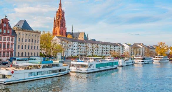 Photo of Frankfurter Dom Cathedral in Roemerberg Frankfurt and Main river.