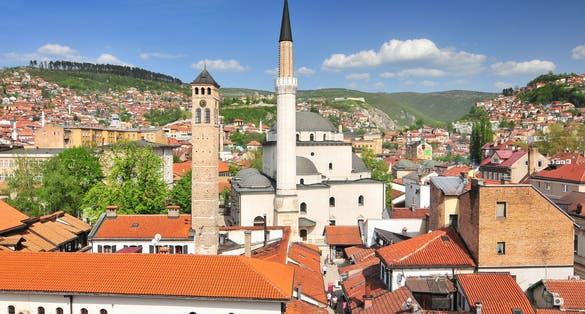 Photo of aerial view of the Gazi Husrev-bey Mosque in the city of Sarajevo Bosnia and Herzegovina.