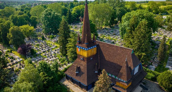 photo of view of the Wooden Church, Miskolc, Hungary.