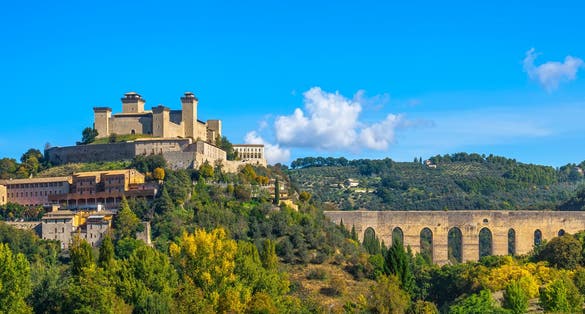 Spoleto, Ponte delle Torri roman bridge and Rocca Albornoziana medieval fortress. Umbria, Italy, Europe.