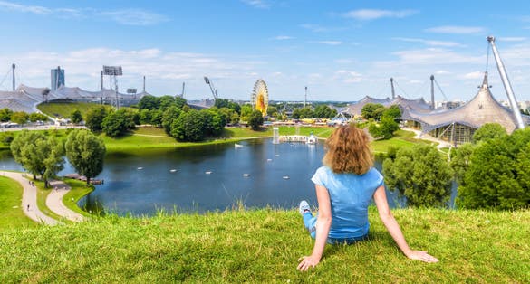 Photo of tourist girl in olympic Park, Munich, Germany.
