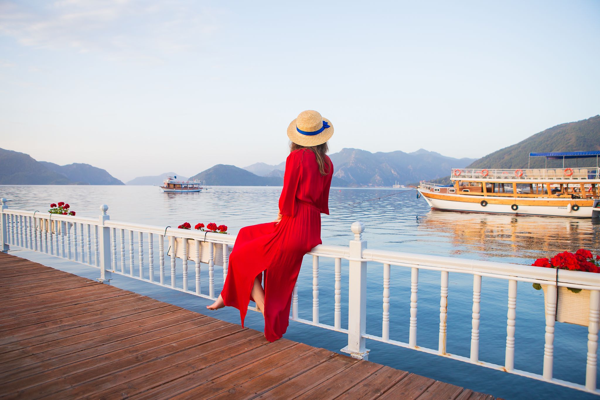 Photo of Marmaris marina with yachts aerial panoramic view in Turkey.