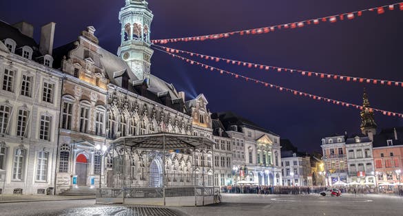 The central square and town hall in Mons, capital of the Wallonian province of Hainaut in Belgium.