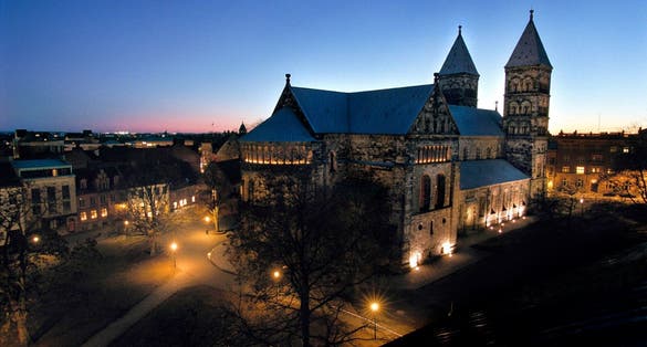 photo of night view of the Lund Cathedral in Lund, Sweden.